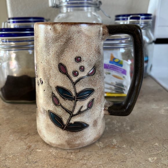 Mara Stoneware Mug Flowers Floral Heavy Tall Stein Leaves Tan Coffee Brown - Picture 1 of 6
